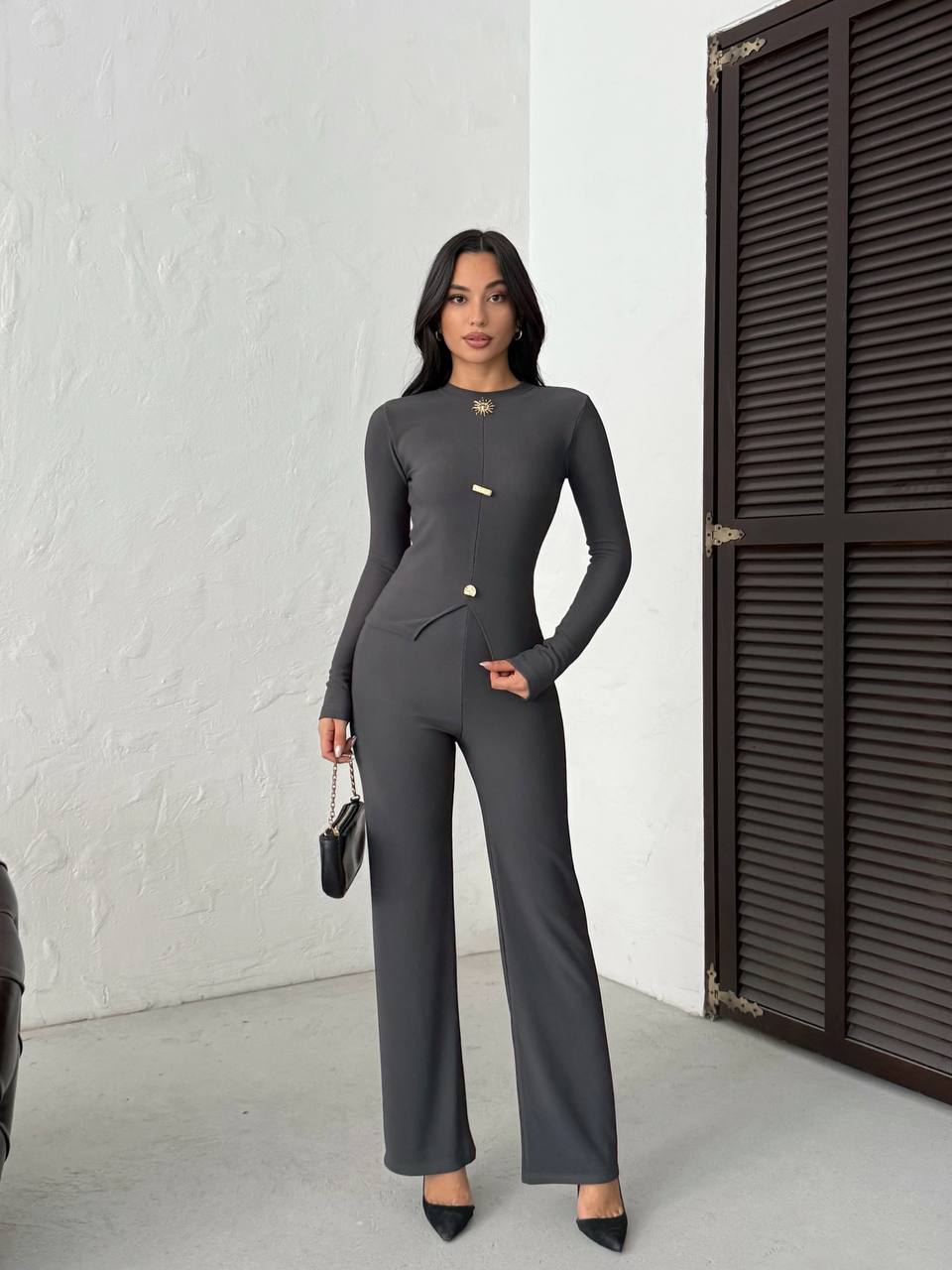 Ribbed Long-Sleeve Top & Flare Pants Set