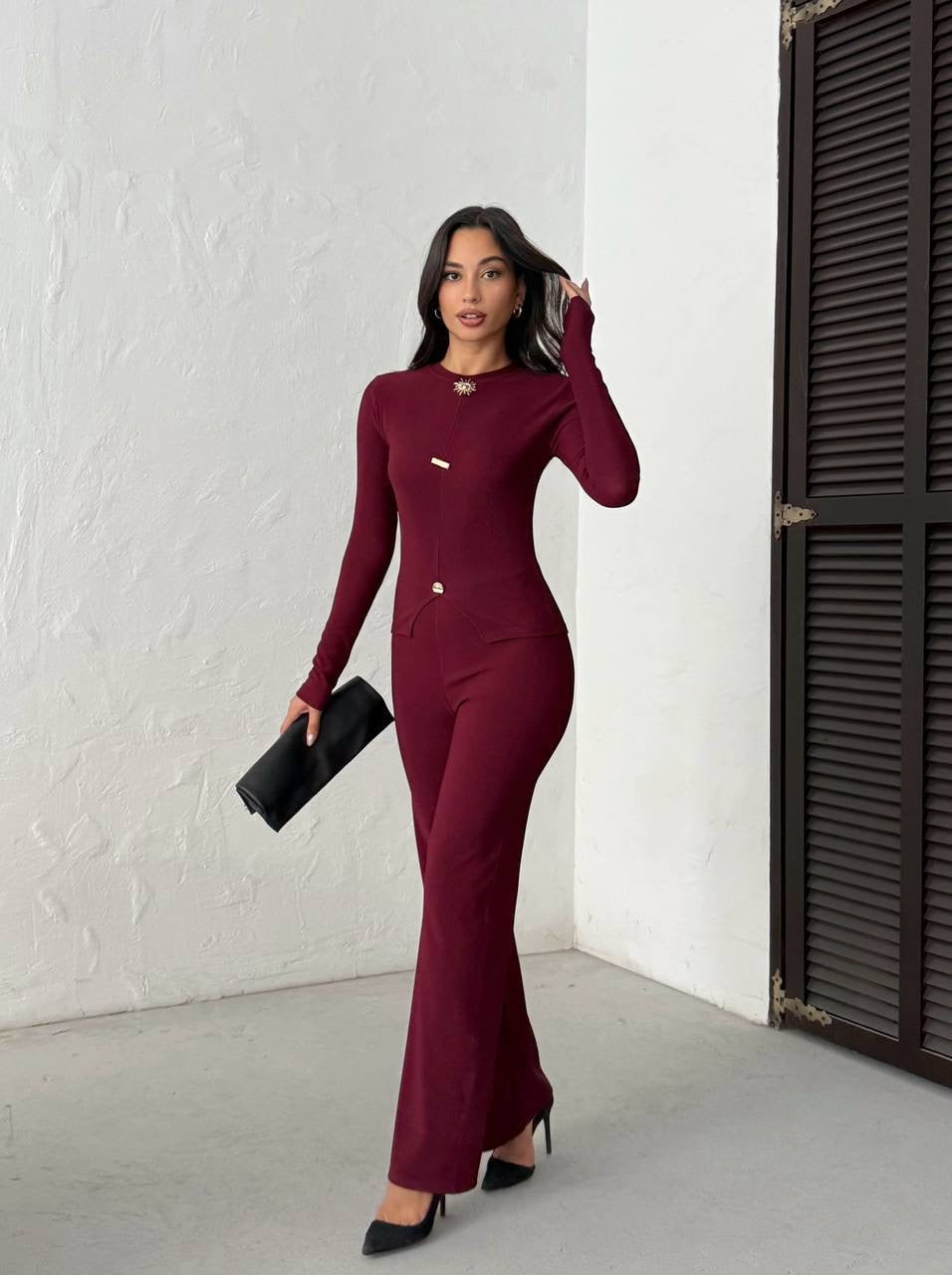 Ribbed Long-Sleeve Top & Flare Pants Set
