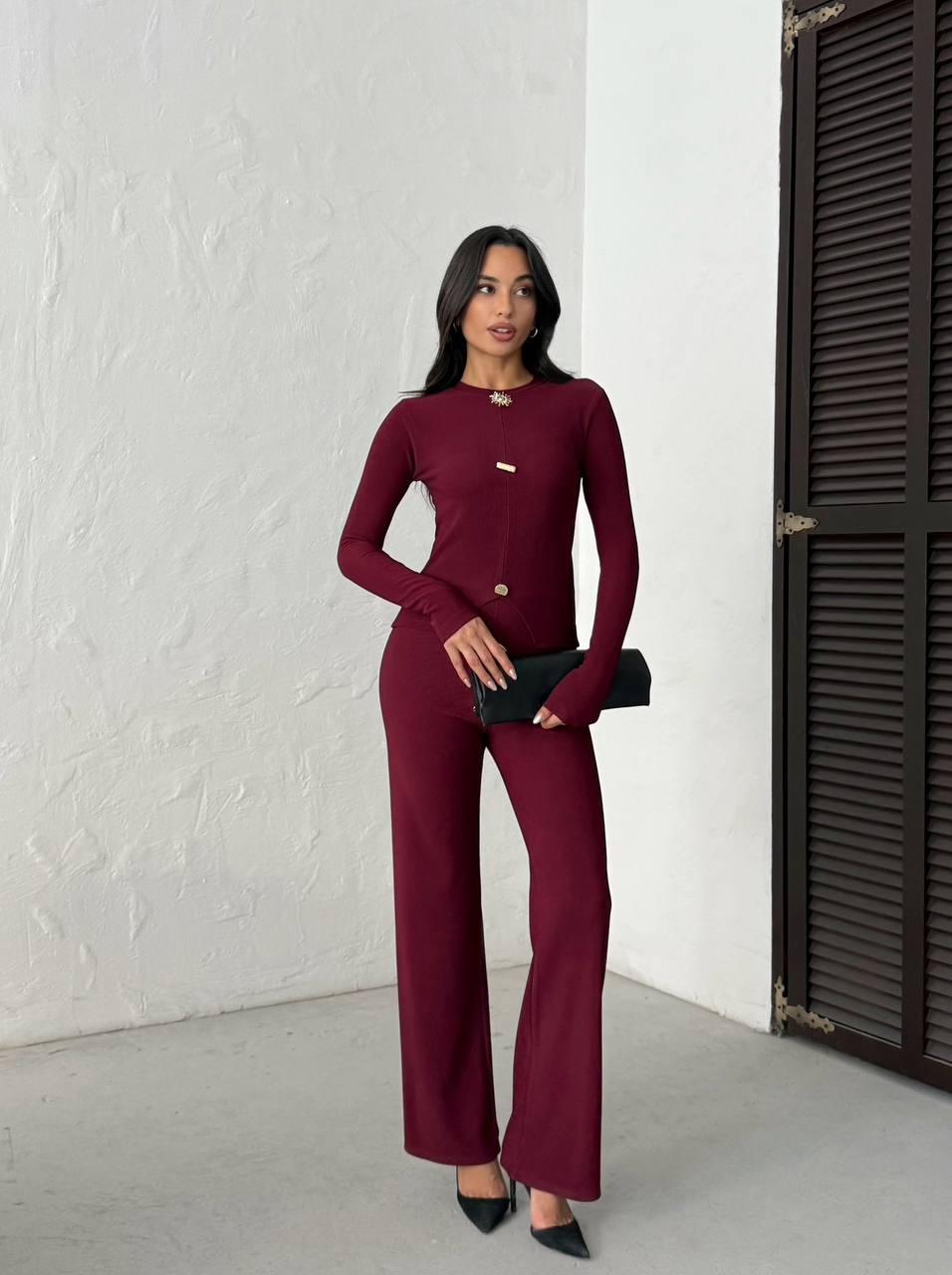 Ribbed Long-Sleeve Top & Flare Pants Set