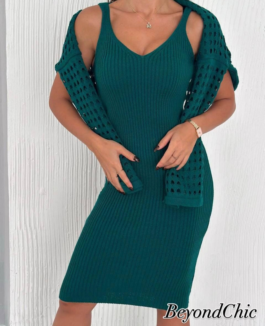 Dark Green Ribbed Midi Dress & Bolero Shrug Set