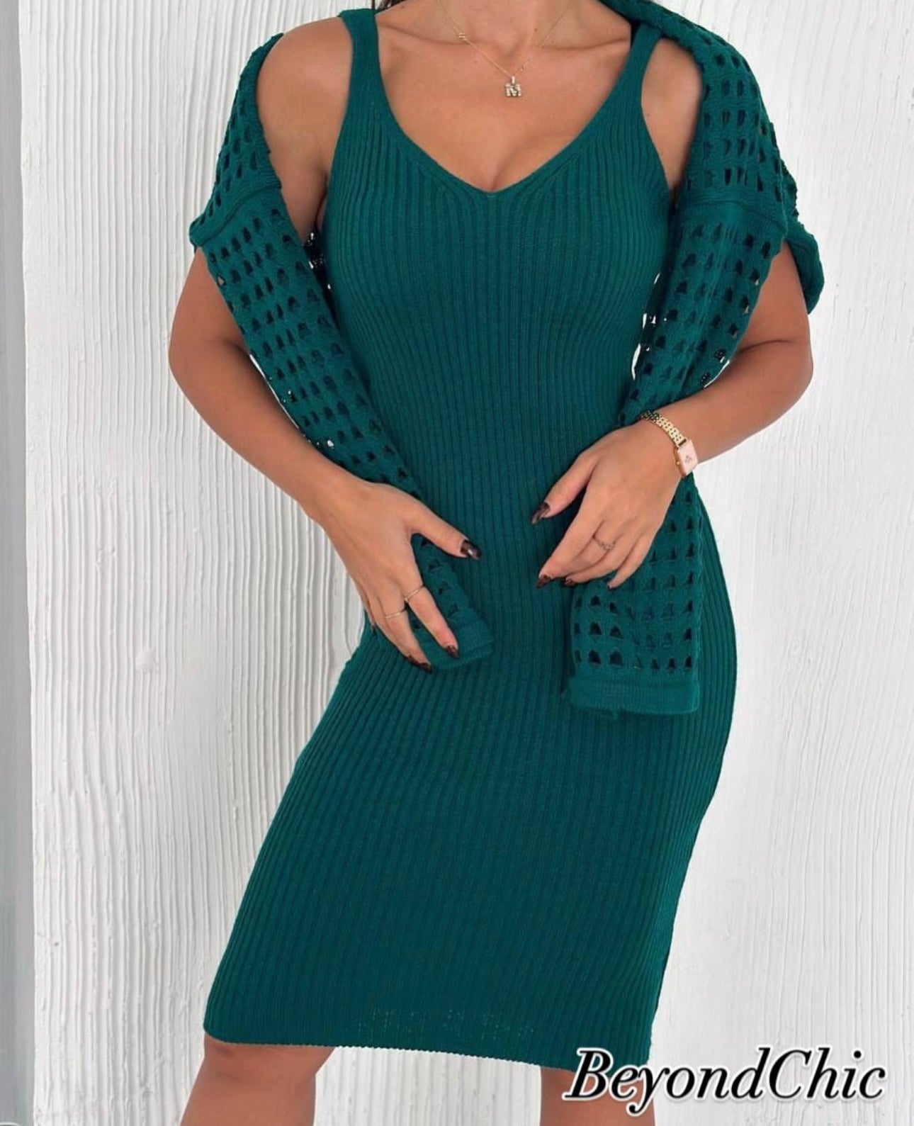 Dark Green Ribbed Midi Dress & Bolero Shrug Set