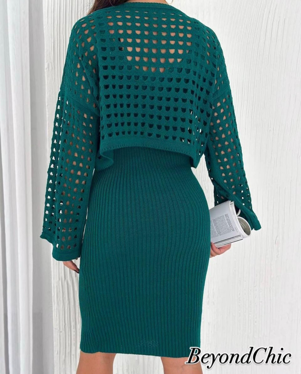 Dark Green Ribbed Midi Dress & Bolero Shrug Set
