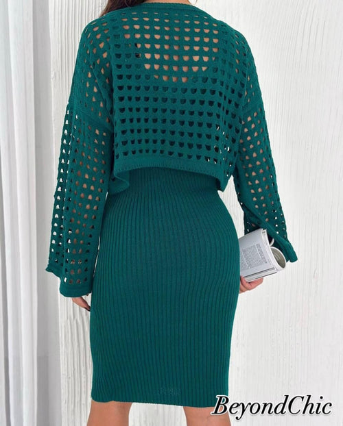 Dark Green Ribbed Midi Dress & Bolero Shrug Set