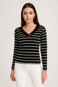 Striped V-Neck Button-Accent Top