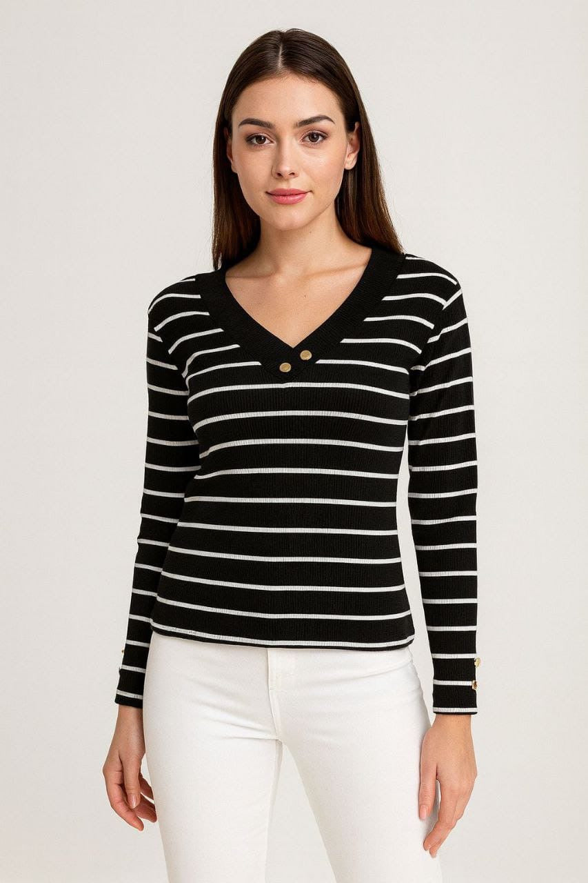 Striped V-Neck Button-Accent Top
