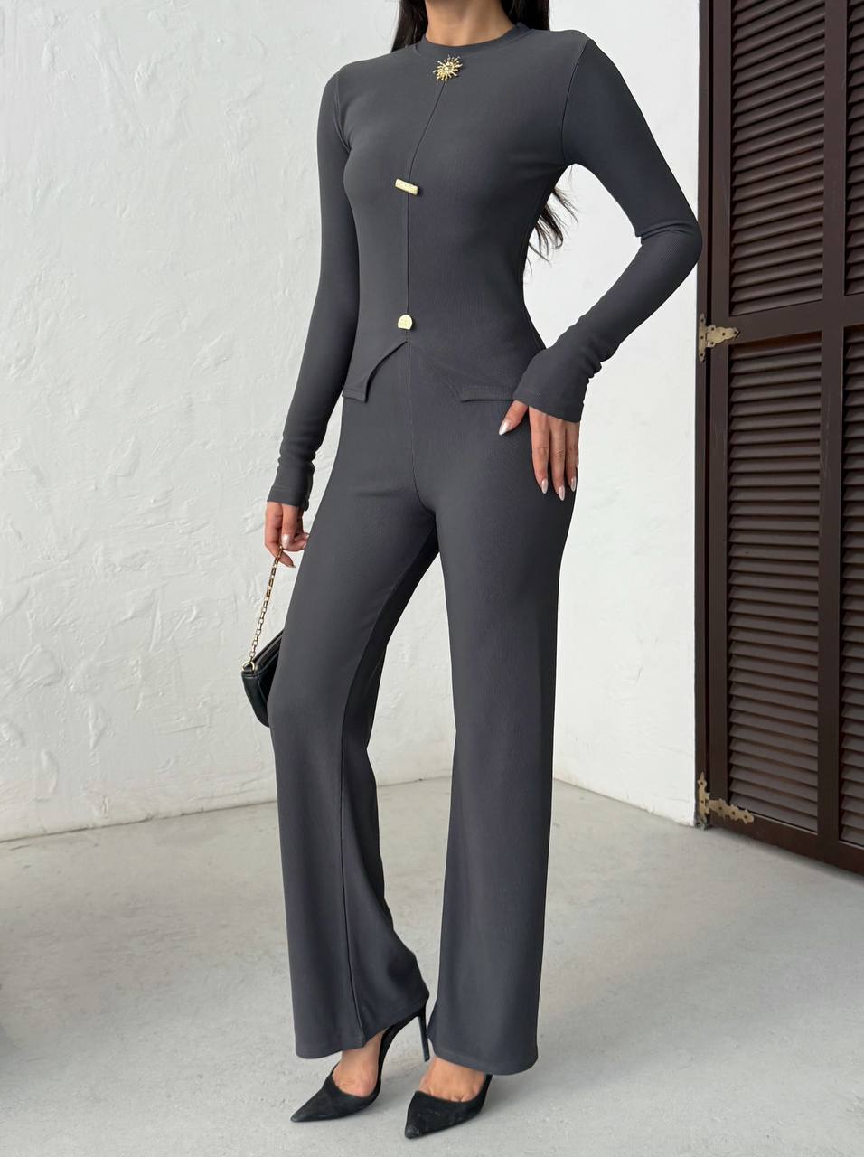 Ribbed Long-Sleeve Top & Flare Pants Set
