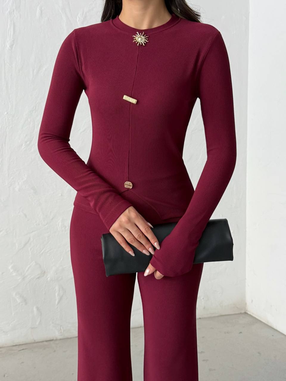 Ribbed Long-Sleeve Top & Flare Pants Set