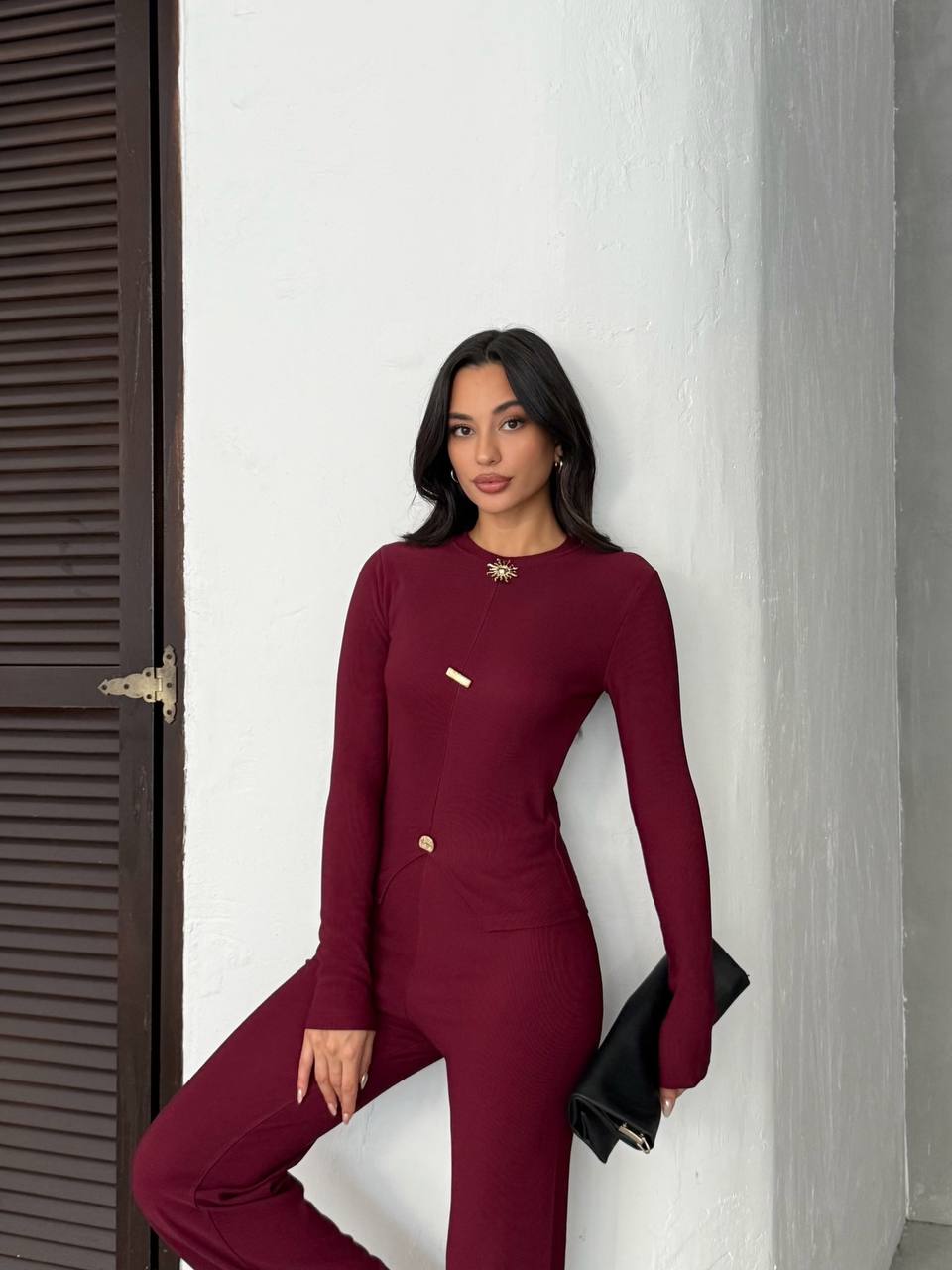 Ribbed Long-Sleeve Top & Flare Pants Set