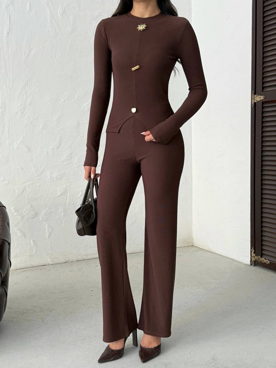 Ribbed Long-Sleeve Top & Flare Pants Set