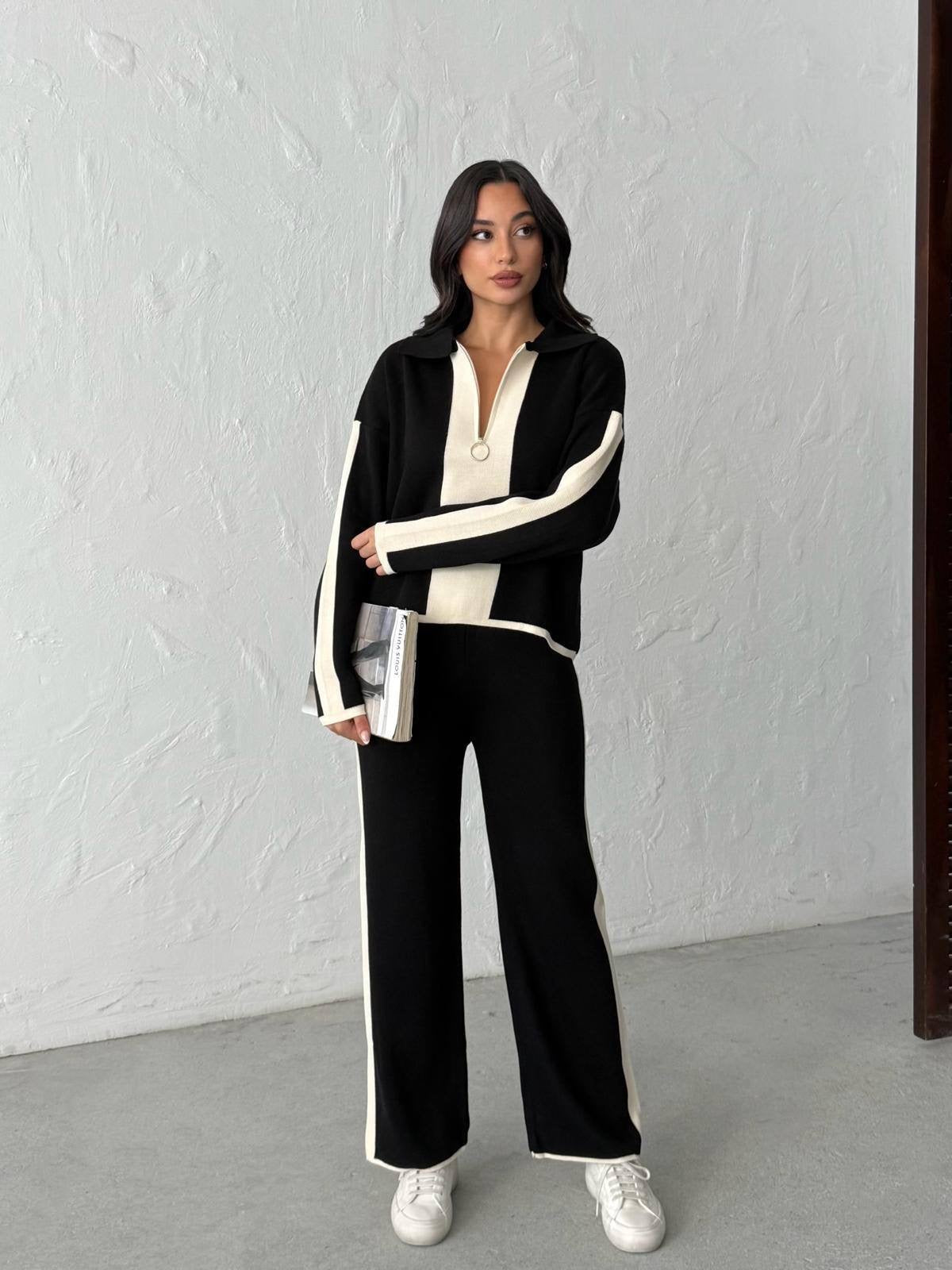Two-Tone Knit Lounge Set with Half-Zip Pullover and Wide-Leg Pants